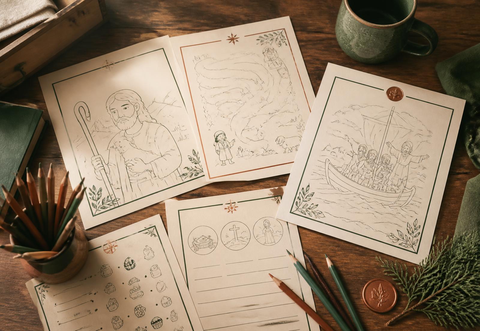 A child's craft table with printable Bible worksheets, coloured pencils and a cedar sprig
