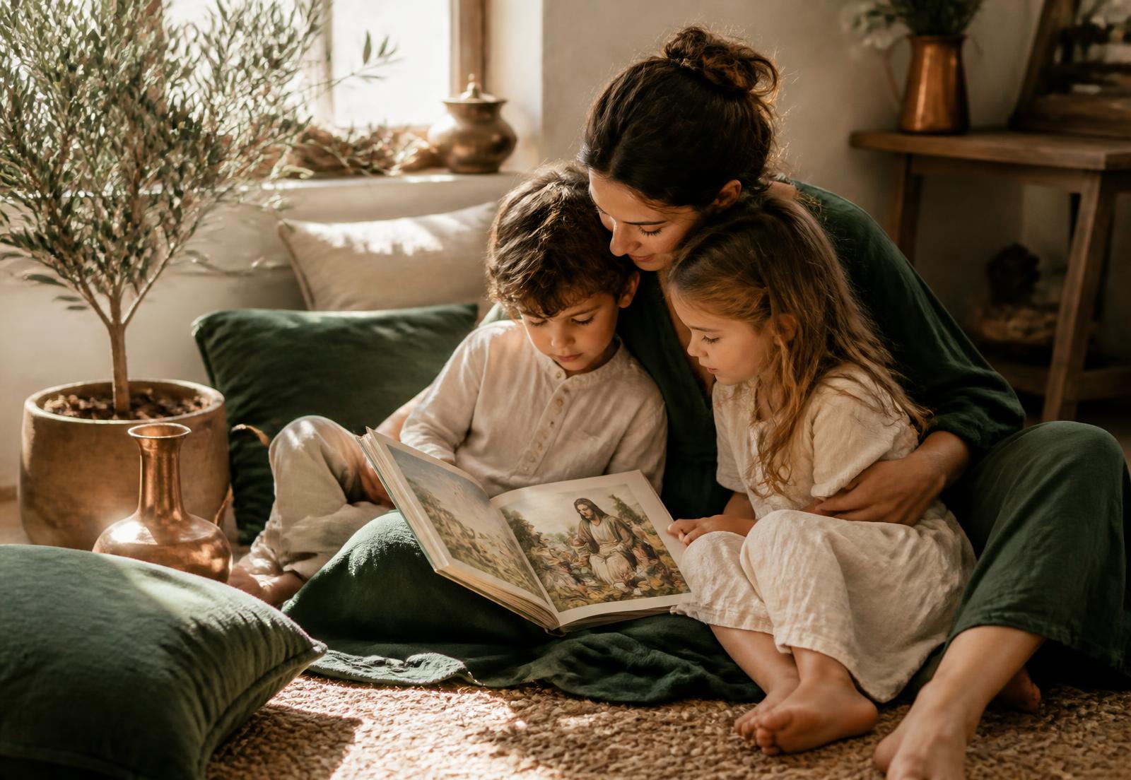 A parent and two children reading an illustrated Bible storybook together in warm morning light